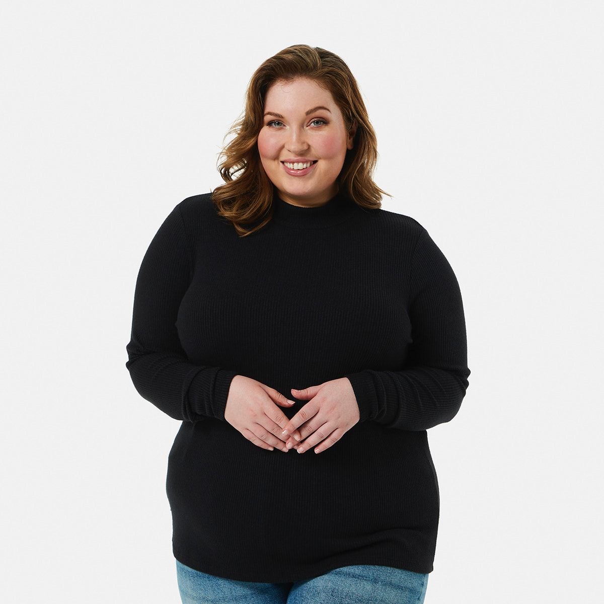 Curve Long Sleeve Rib Mock Neck Top