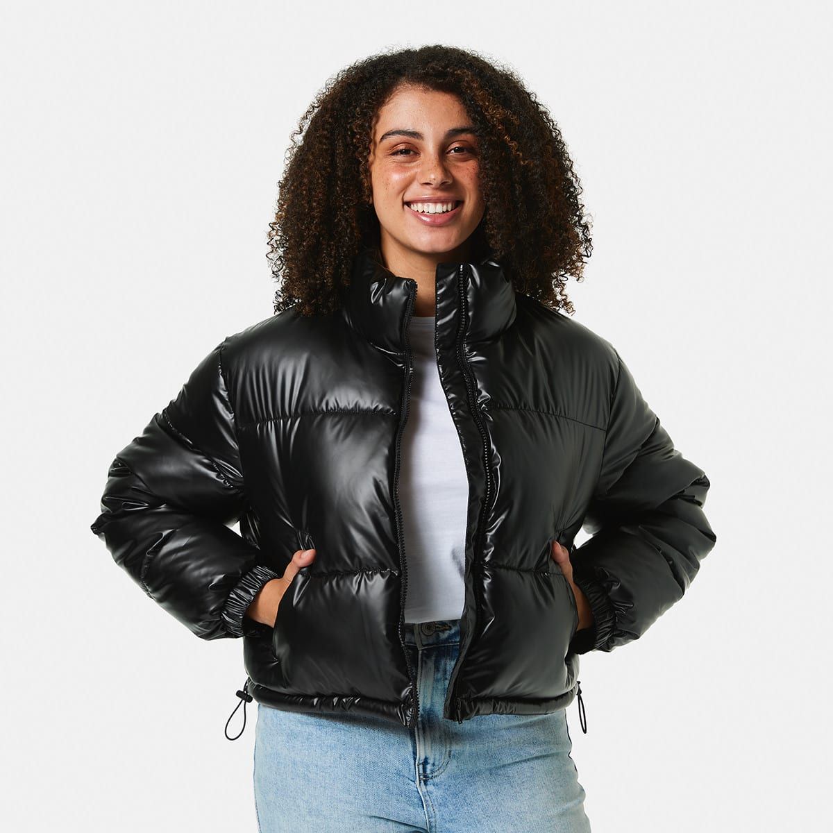 Wet Look Cropped Puffer Jacket