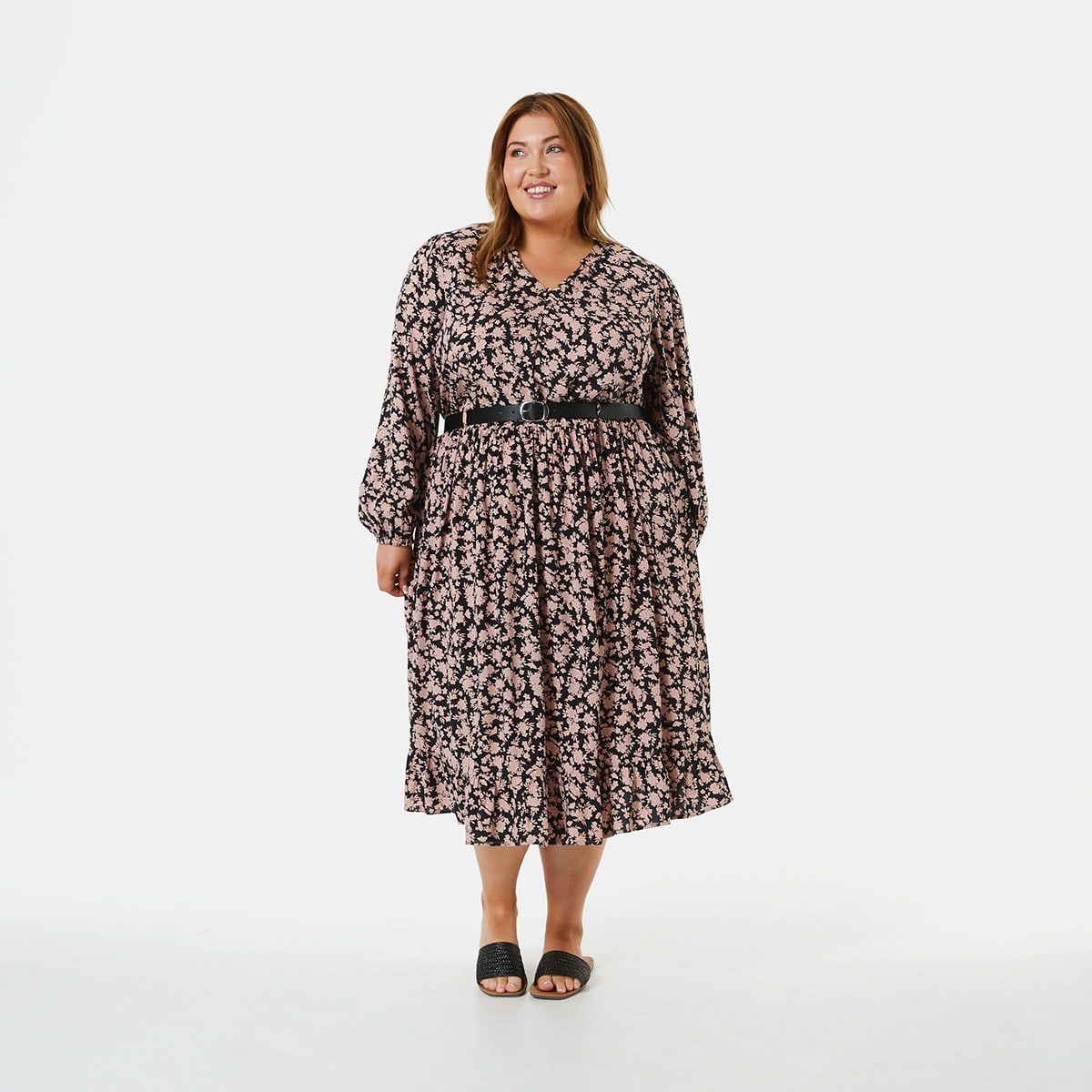 Curve Long Sleeve Belted Midi Dress