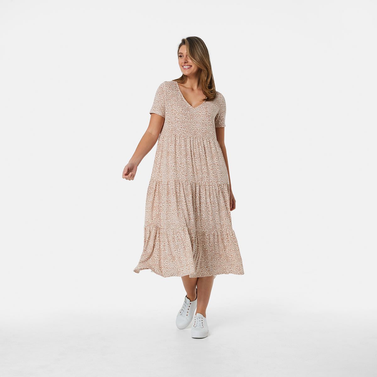 Short Sleeve Tiered Midi Dress