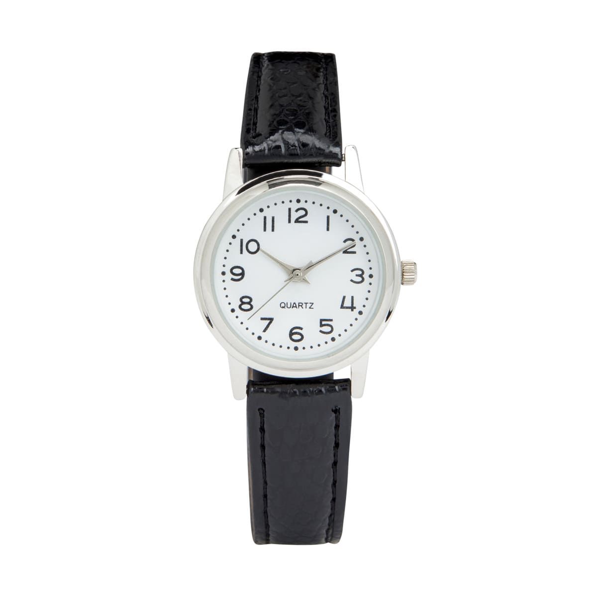 Womens Classic Analogue Watch with Silver Case & Black Strap