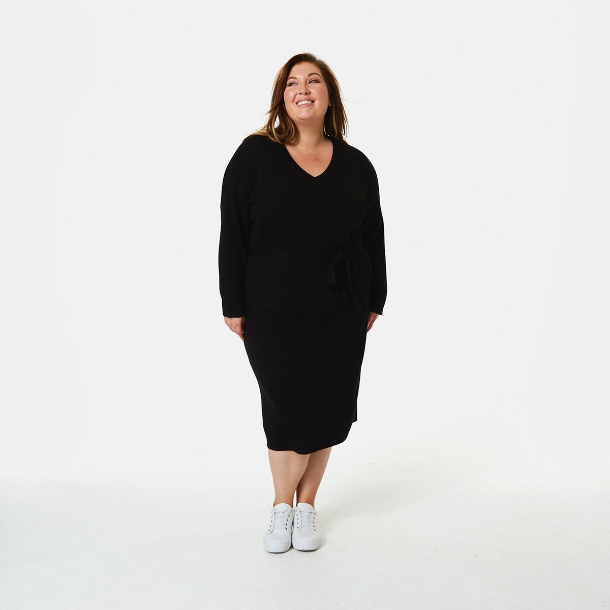 Curve Long Sleeve Belted Knit Midi Dress