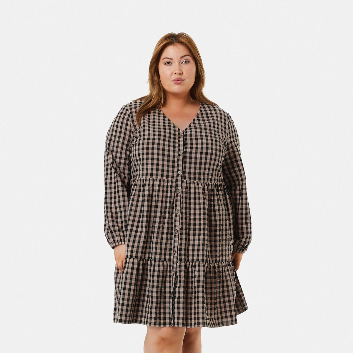 Curve Long Sleeve Button Through Check Dress