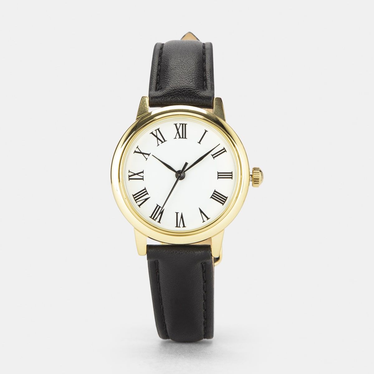 Womens Analogue Watch with Gold Case & Black Strap