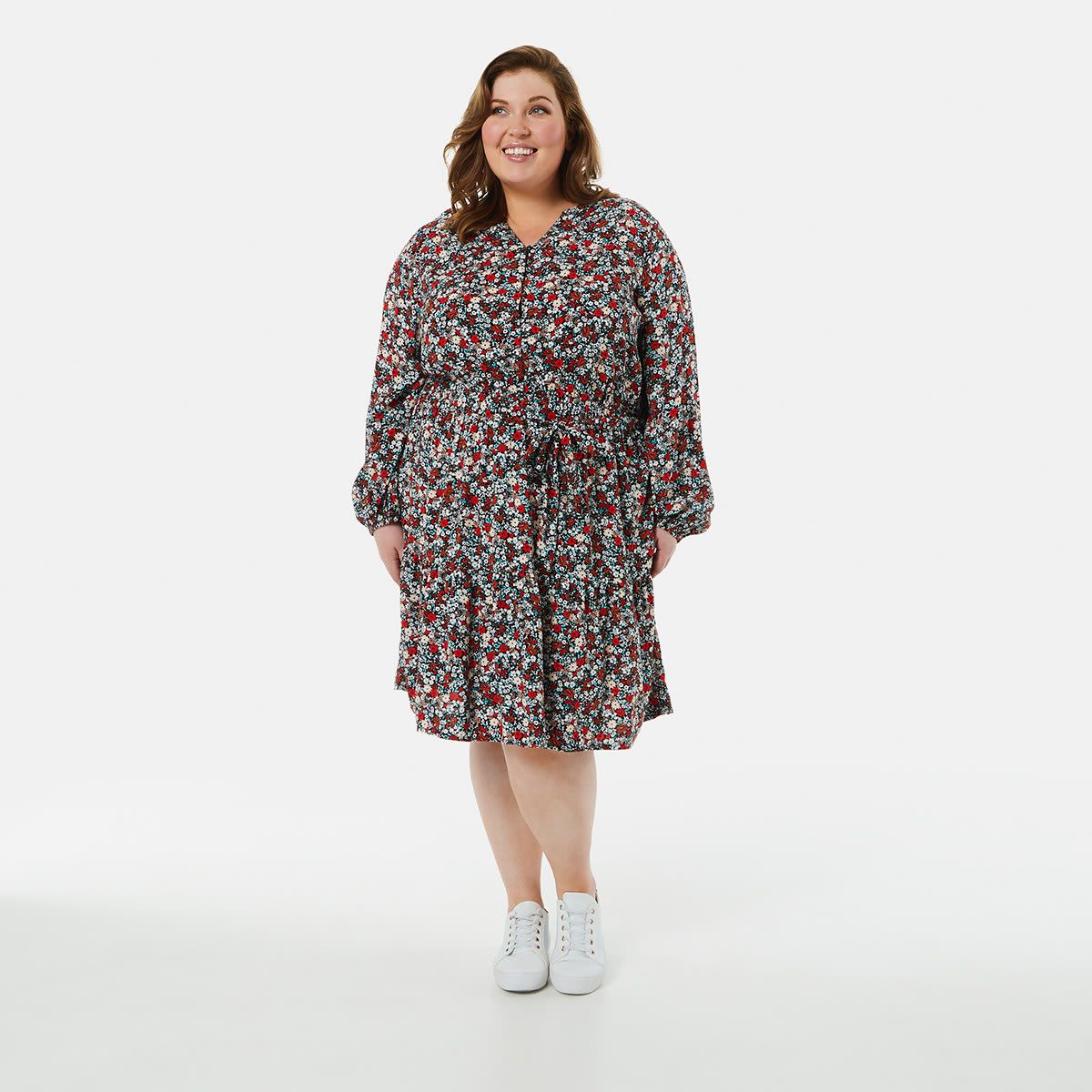 Curve Long Sleeve Belted Tier Dress