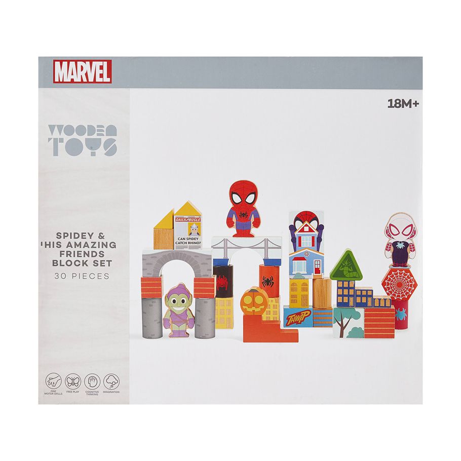 30 Piece Marvel Wooden Toys Spidey and His Amazing Friends Block Set